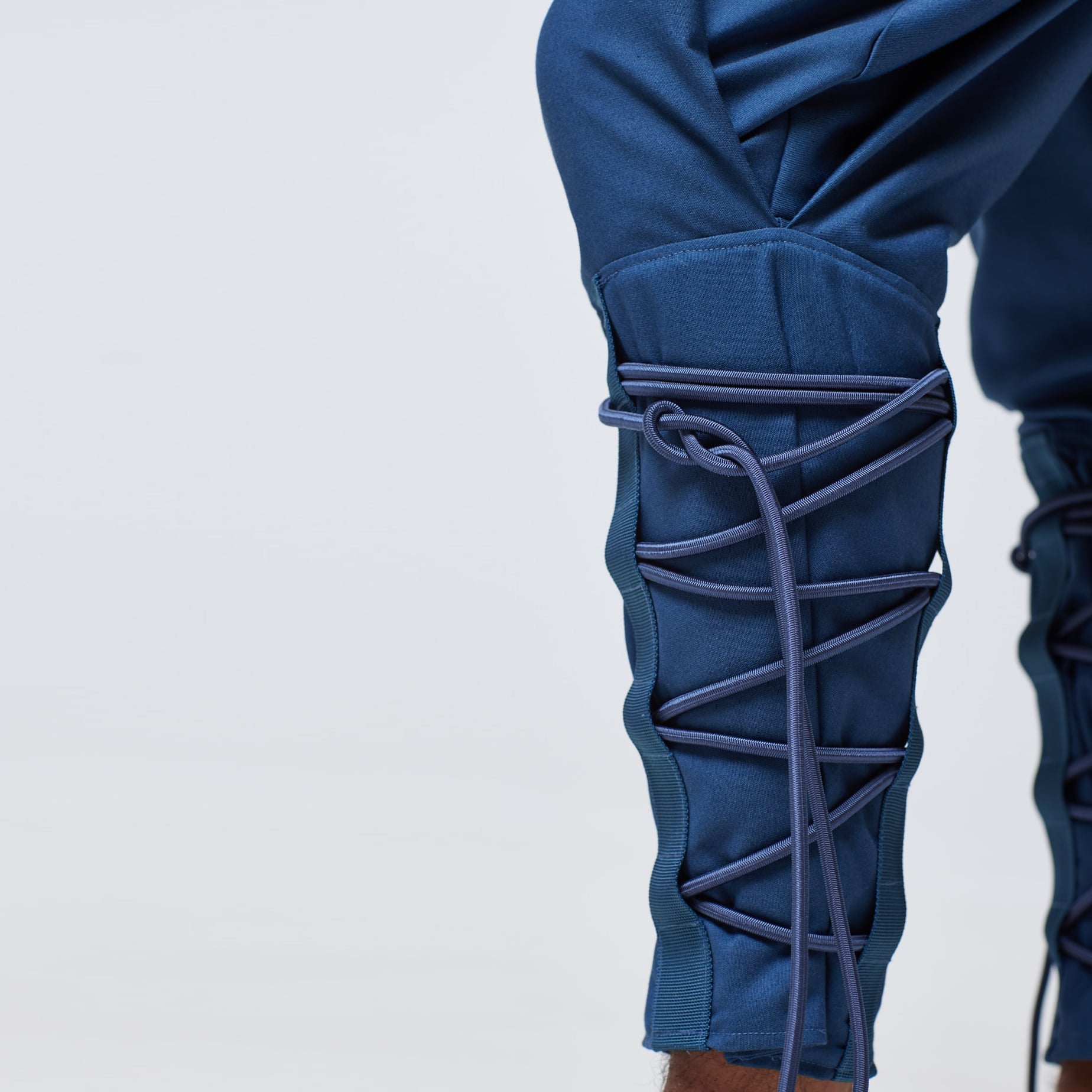 ZERØ London - Detail view, mens premium pleated blue trouser, zero waste fashion, designed & made in London