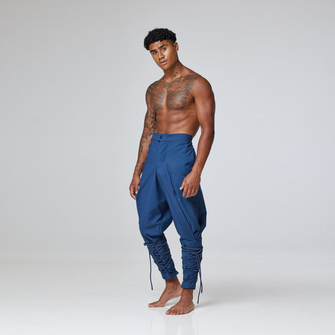 ZERØ London - Front view, mens premium pleated blue trouser, zero waste fashion, designed & made in London