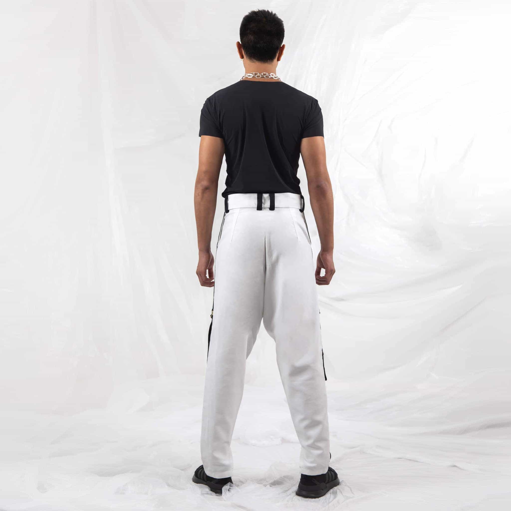 ZERØ London - Back full length view, mens white zero waste trousers with gold d rings and contrast stripe designed & made in London