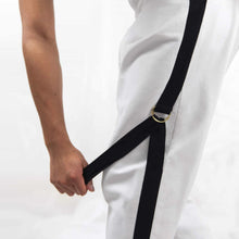 Load image into Gallery viewer, ZERØ London - Close up, mens white zero waste trousers with gold d rings and contrast stripe designed &amp; made in London
