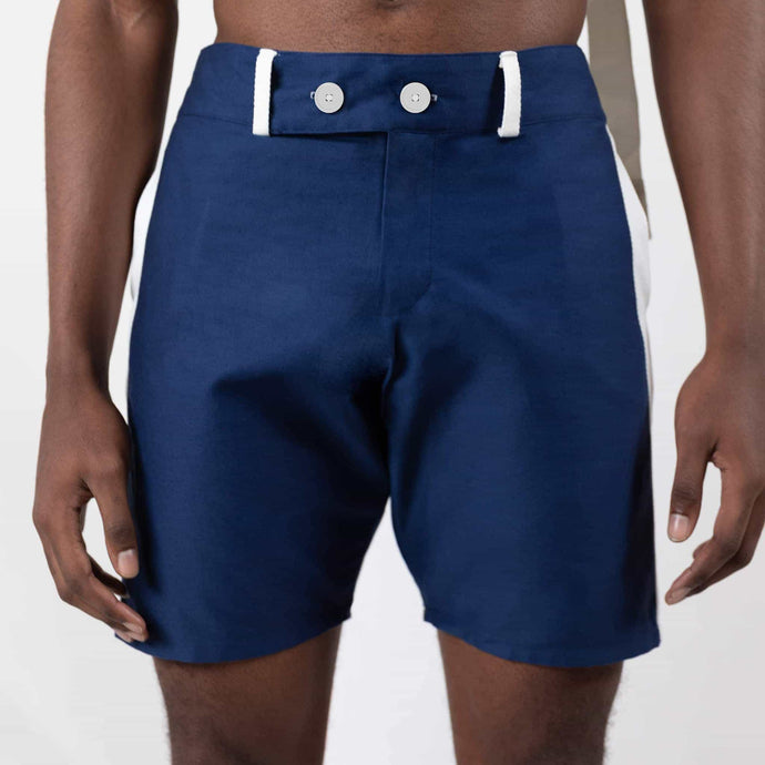   ZERØ London - Front View, navy mens shorts with white stripe designed & made in London