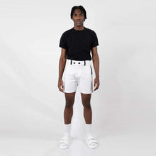 Load image into Gallery viewer,   ZERØ London - Front View, white mens shorts with black stripe designed &amp; made in London
