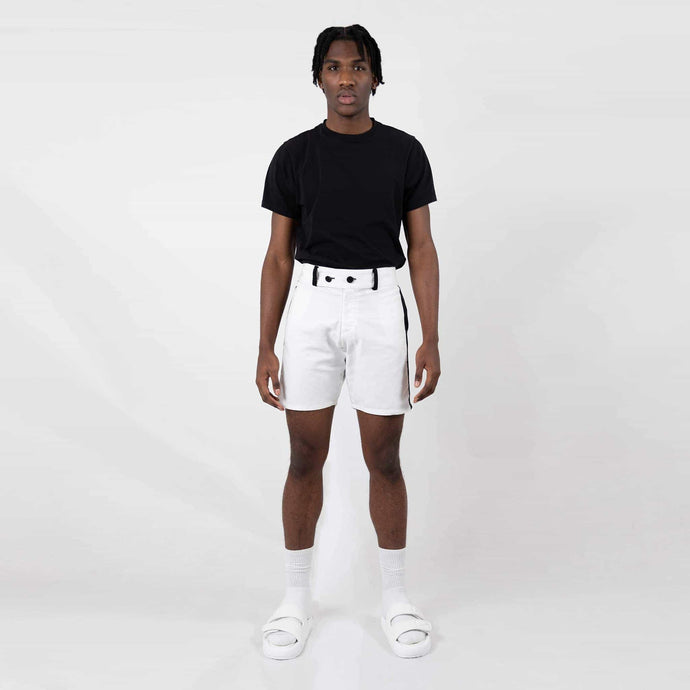   ZERØ London - Front View, white mens shorts with black stripe designed & made in London