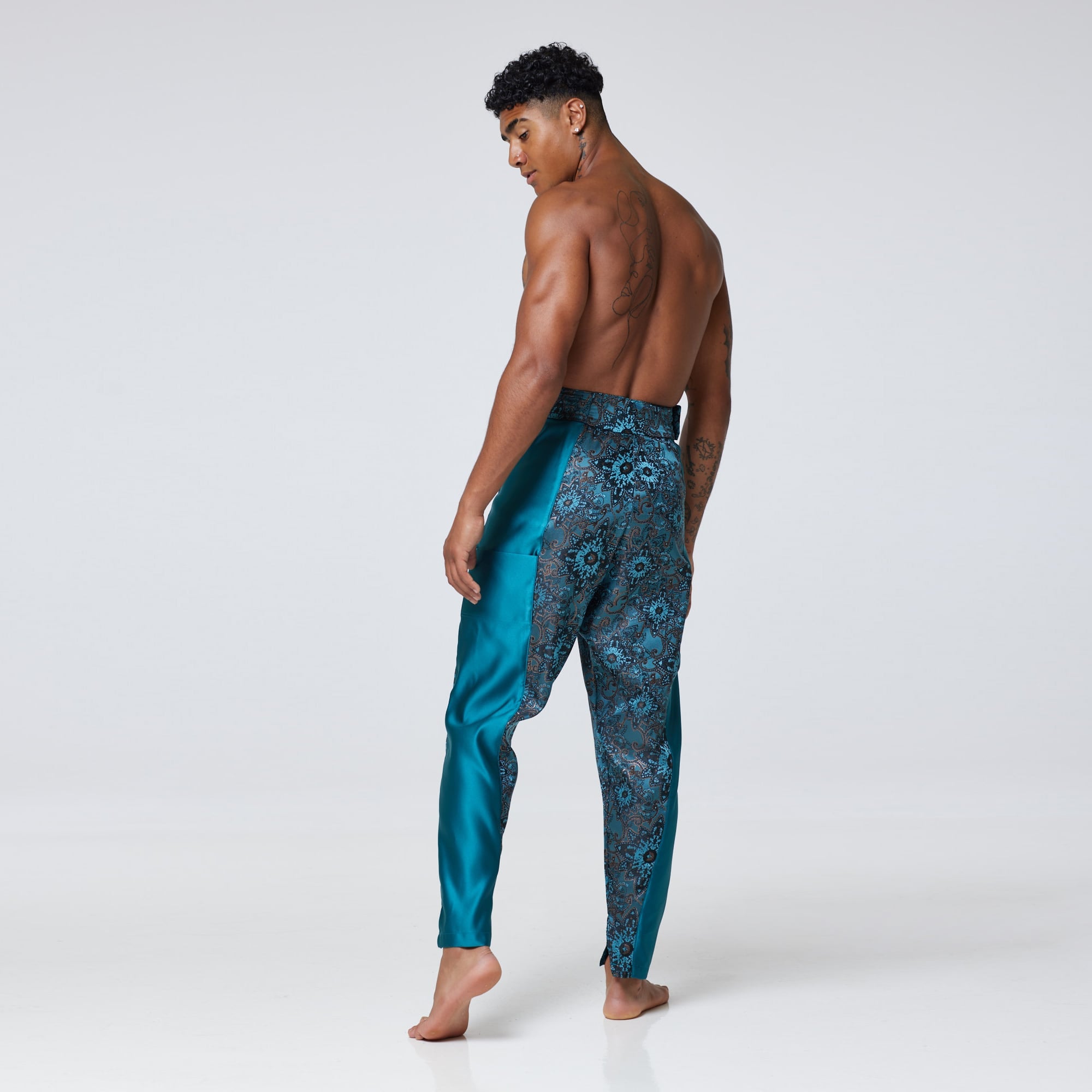 ZERØ London - Side view, Turquoise zero waste mens trouser, zero waste fashion, designed & made in London