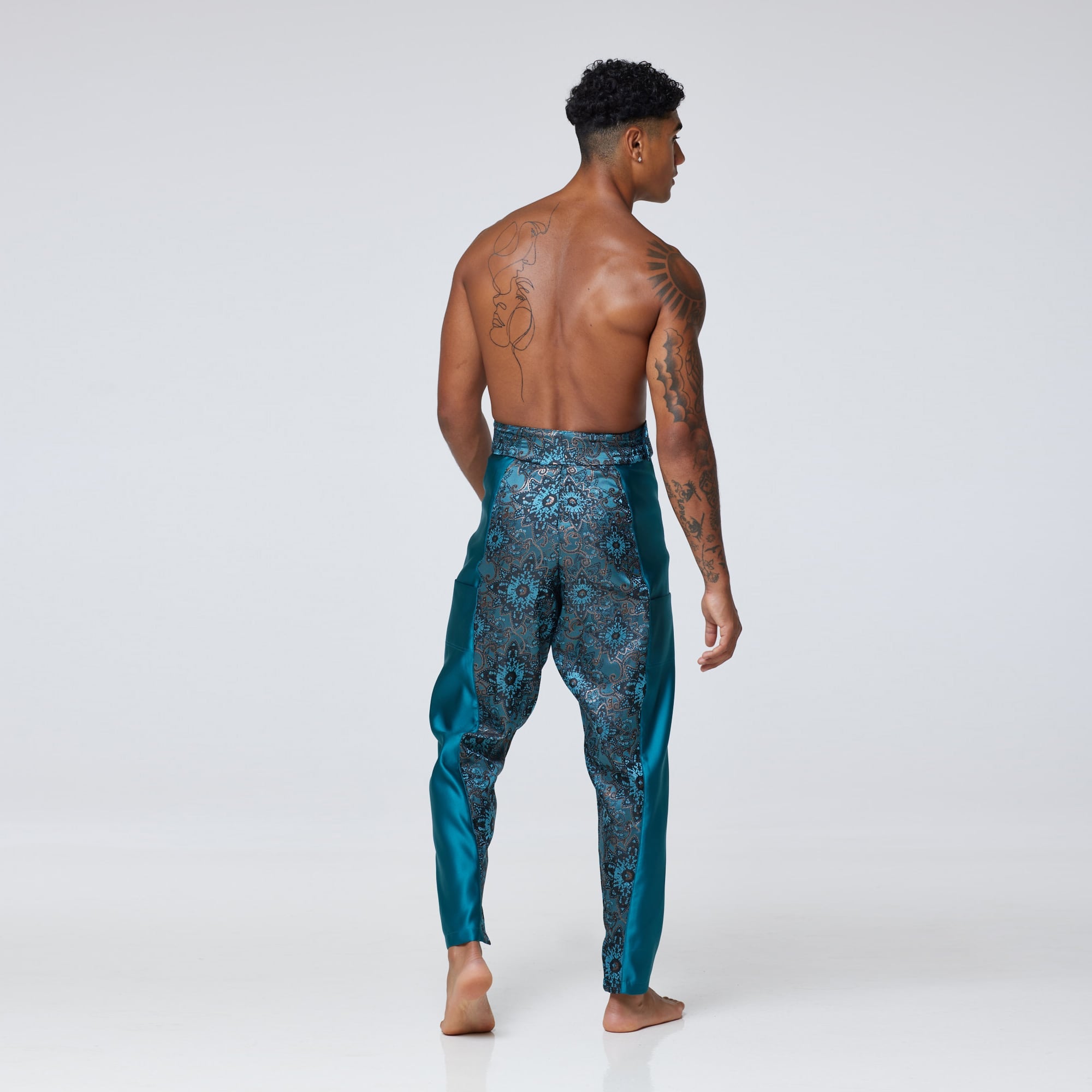 ZERØ London - Back view, Turquoise zero waste mens trouser, zero waste fashion, designed & made in London