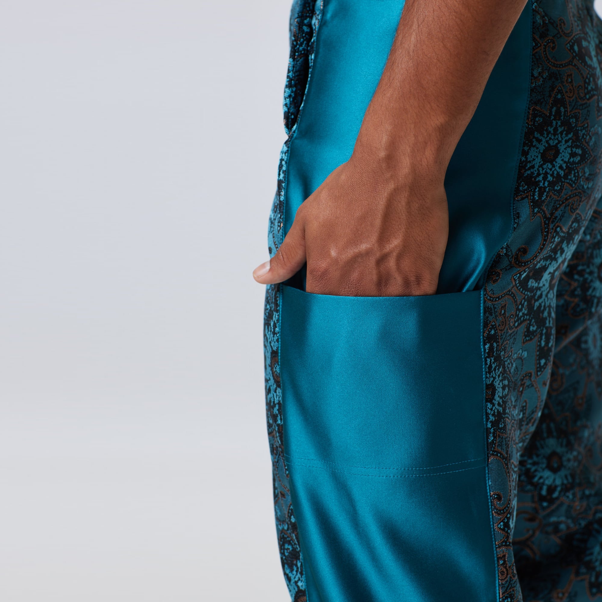 ZERØ London - Zoom view, Turquoise zero waste mens trouser, zero waste fashion, designed & made in London