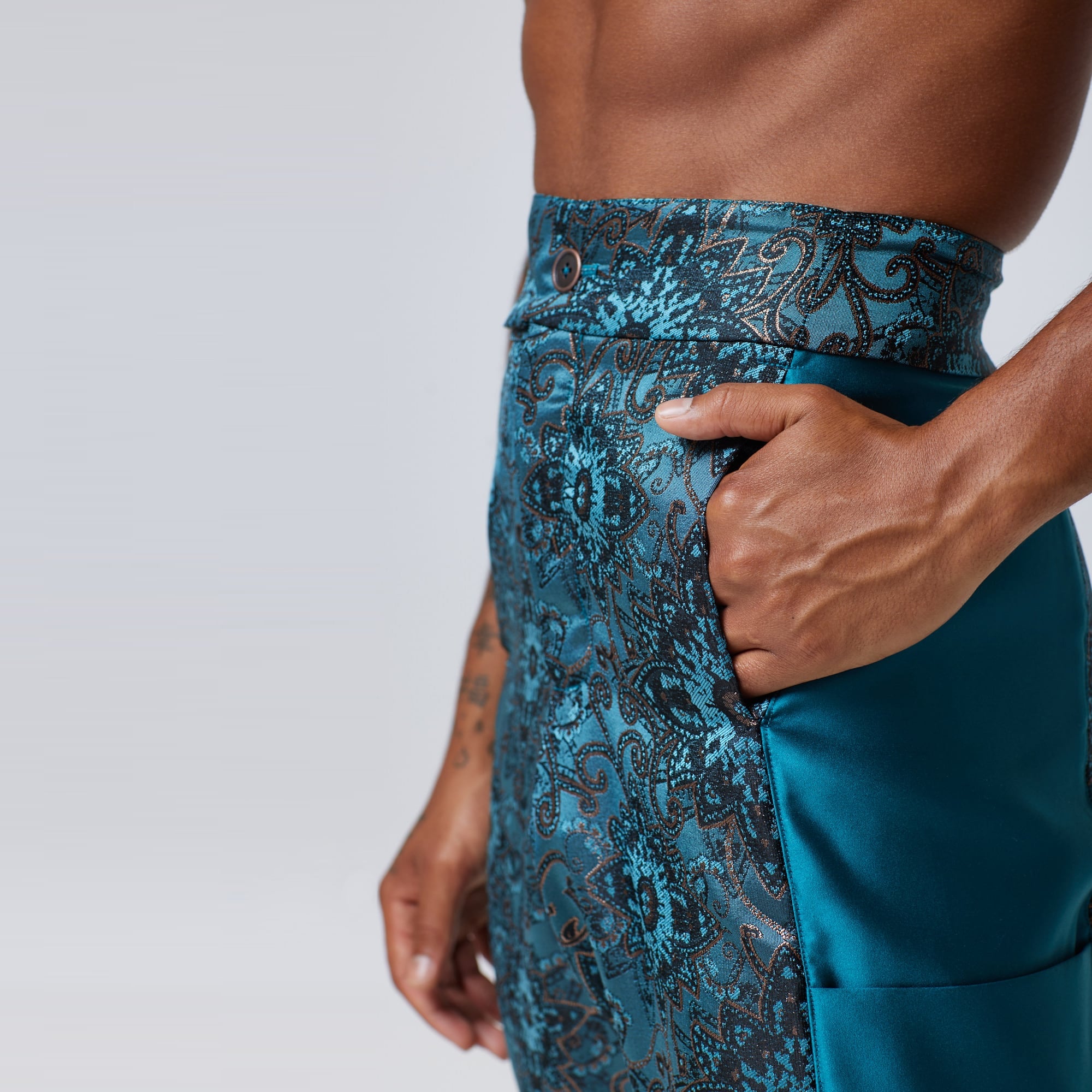ZERØ London - Close up, Turquoise zero waste mens trouser, zero waste fashion, designed & made in London
