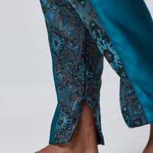 Load image into Gallery viewer, ZERØ London - Close up view, Turquoise zero waste mens trouser, zero waste fashion, designed &amp; made in London
