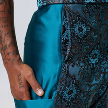 Load image into Gallery viewer, ZERØ London - Detail view, Turquoise zero waste mens trouser, zero waste fashion, designed &amp; made in London
