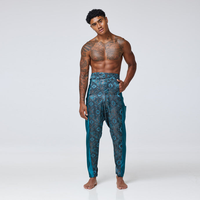 ZERØ London - Front view, Turquoise zero waste mens trouser, zero waste fashion, designed & made in London