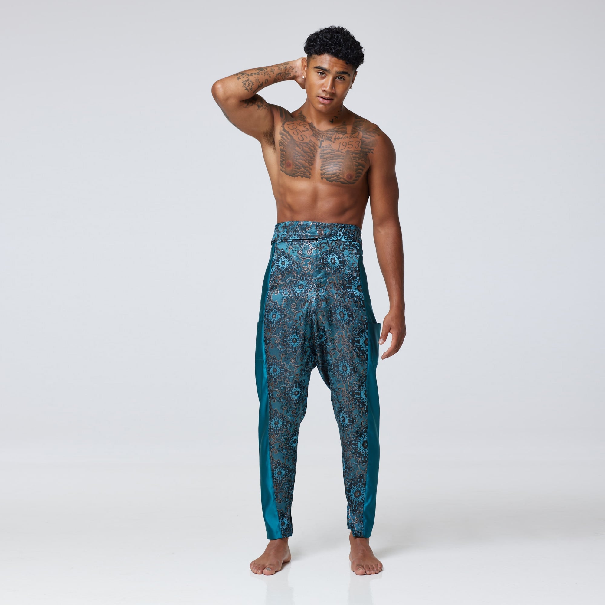 ZERØ London - Alt. Front view, Turquoise zero waste mens trouser, zero waste fashion, designed & made in London