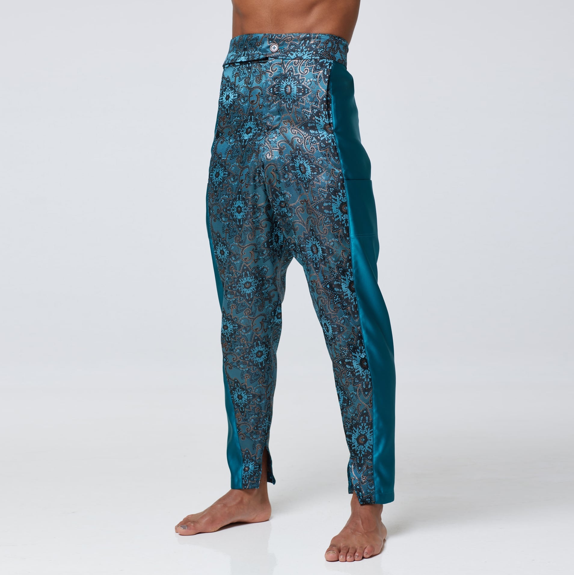 ZERØ London - Zoom view, Turquoise zero waste mens trouser, zero waste fashion, designed & made in London