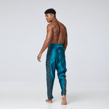 Load image into Gallery viewer, ZERØ London - Back view, Turquoise zero waste mens contrast trouser, zero waste fashion, designed &amp; made in London
