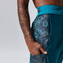 Load image into Gallery viewer, ZERØ London - Close up, Turquoise zero waste mens contrast trouser, zero waste fashion, designed &amp; made in London
