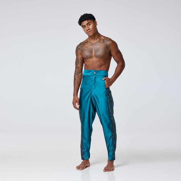 ZERØ London - Front view, Turquoise zero waste mens contrast trouser, zero waste fashion, designed & made in London