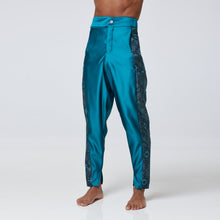 Load image into Gallery viewer, ZERØ London - Mid length view, Turquoise zero waste mens contrast trouser, zero waste fashion, designed &amp; made in London
