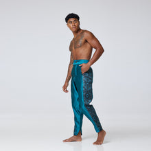 Load image into Gallery viewer, ZERØ London - Side view, Turquoise zero waste mens contrast trouser, zero waste fashion, designed &amp; made in London
