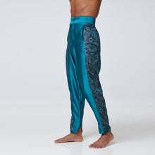 Load image into Gallery viewer, ZERØ London - Mid length side view, Turquoise zero waste mens contrast trouser, zero waste fashion, designed &amp; made in London
