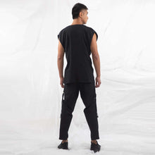 Load image into Gallery viewer, ZERØ London - Back full length view, mens zero waste kimono vest with red belt and mens black trousers designed &amp; made in London
