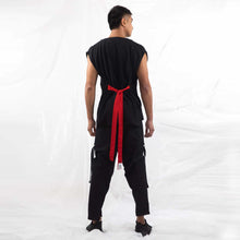 Load image into Gallery viewer, ZERØ London - Back alt. full length view, mens zero waste kimono vest with red belt and mens black trousers designed &amp; made in London
