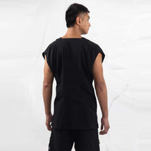Load image into Gallery viewer, ZERØ London - Back view, mens zero waste kimono vest with red belt and mens black trousers designed &amp; made in London
