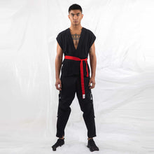 Load image into Gallery viewer, ZERØ London - Front full length view, mens zero waste kimono vest with red belt and mens black trousers designed &amp; made in London
