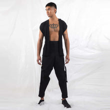 Load image into Gallery viewer, ZERØ London - Front full length view, mens zero waste kimono vest with red belt and mens black trousers designed &amp; made in London
