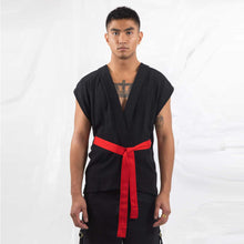 Load image into Gallery viewer, ZERØ London - Front view, mens zero waste kimono vest with red belt and mens black trousers designed &amp; made in London
