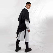 Load image into Gallery viewer, ZERØ London - Back view, black zero waste mens shawl and white tie-belt kimono shirt, designed &amp; made in London
