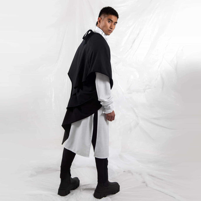 ZERØ London - Back view, black zero waste mens shawl and white tie-belt kimono shirt, designed & made in London