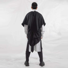 Load image into Gallery viewer, ZERØ London - Back alt. view, black zero waste mens shawl and white tie-belt kimono shirt, designed &amp; made in London
