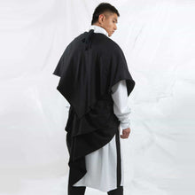 Load image into Gallery viewer, ZERØ London - Back alt. view, black zero waste mens shawl and white tie-belt kimono shirt, designed &amp; made in London
