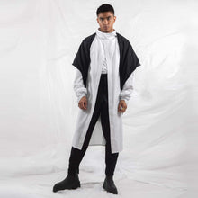 Load image into Gallery viewer, ZERØ London - Front alt. view, black zero waste mens shawl and white tie-belt kimono shirt, designed &amp; made in London

