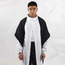 Load image into Gallery viewer, ZERØ London - Front view, black zero waste mens shawl and white tie-belt kimono shirt, designed &amp; made in London

