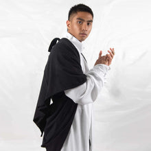 Load image into Gallery viewer, ZERØ London - Side view, black zero waste mens shawl and white tie-belt kimono shirt, designed &amp; made in London
