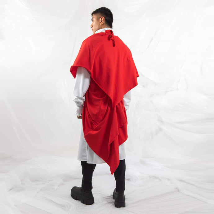  ZERØ London - Side view, red zero waste mens shawl and white tie-belt kimono shirt, designed & made in London