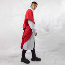 Load image into Gallery viewer,  ZERØ London - Side view, red zero waste mens shawl and white tie-belt kimono shirt, designed &amp; made in London
