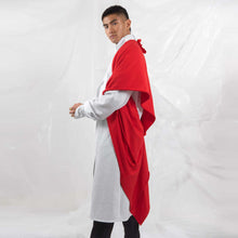 Load image into Gallery viewer,  ZERØ London - Side alt. view, red zero waste mens shawl and white tie-belt kimono shirt, designed &amp; made in London
