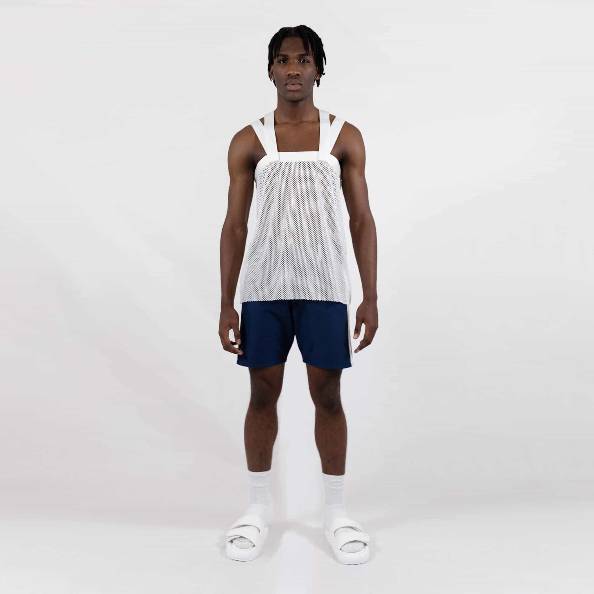 ZERØ London - Front view, White zero waste mens vest, zero waste fashion, designed & made in London